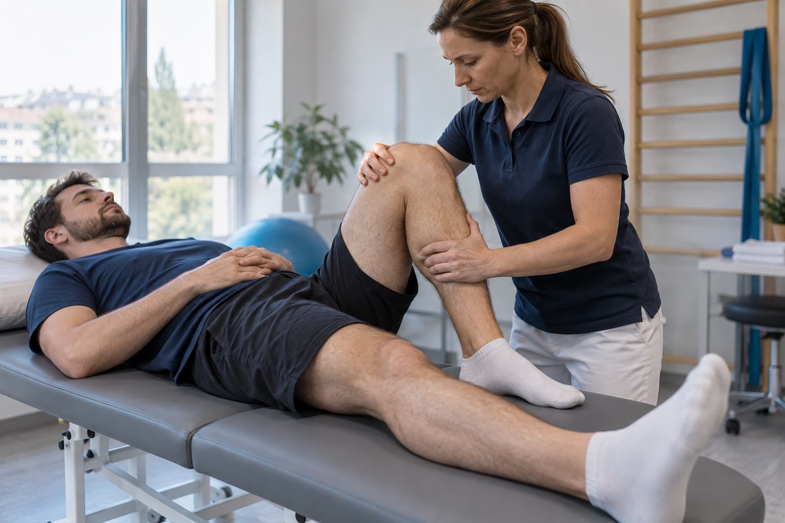Muž při rehabilitaci s fyzioterapeutkou